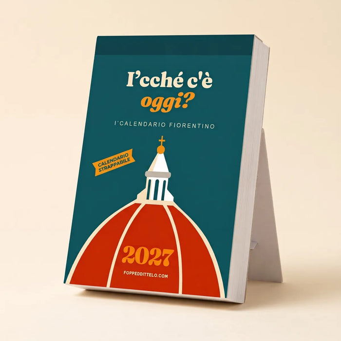 Il calendario «I'cché c'è oggi?» sul suo cavalletto di cartone bianco, su fondo crema