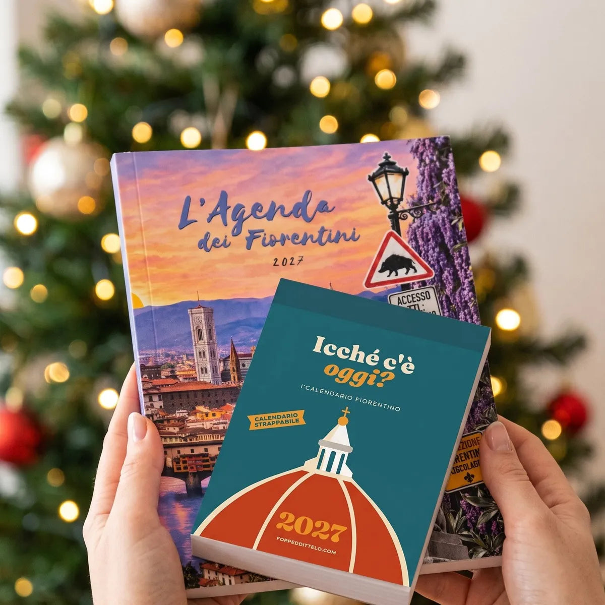Due mani tengono l'agenda e il calendario strappabile davanti all'albero di Natale