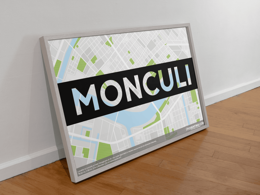 Poster orizzontale di Monculi, a forma di mappa, appoggiato su un pavimento di legno